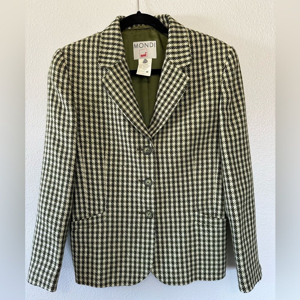 Vintage 1980's Mondi Hunter Green Houndstooth Blazer Size 38 Equestrian